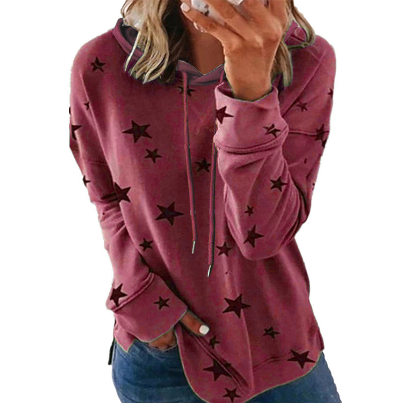 Women's Star Print Drawstring Hoodie, Long Sleeve Side Slit Casual Hooded Sweatshirt With Pockets