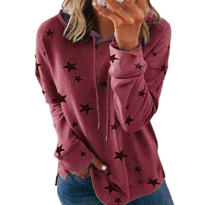 Women's Star Print Drawstring Hoodie, Long Sleeve Side Slit Casual Hooded Sweatshirt With Pockets