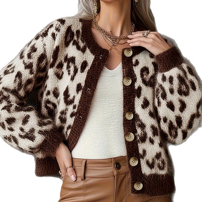 Casual Stylish Retro Leopard-print Contrast-color Jacquard Sweater