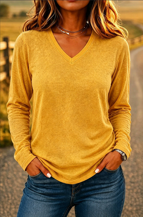 Leisure Pullover V-neck Solid Color Loose Long Sleeves T-shirt