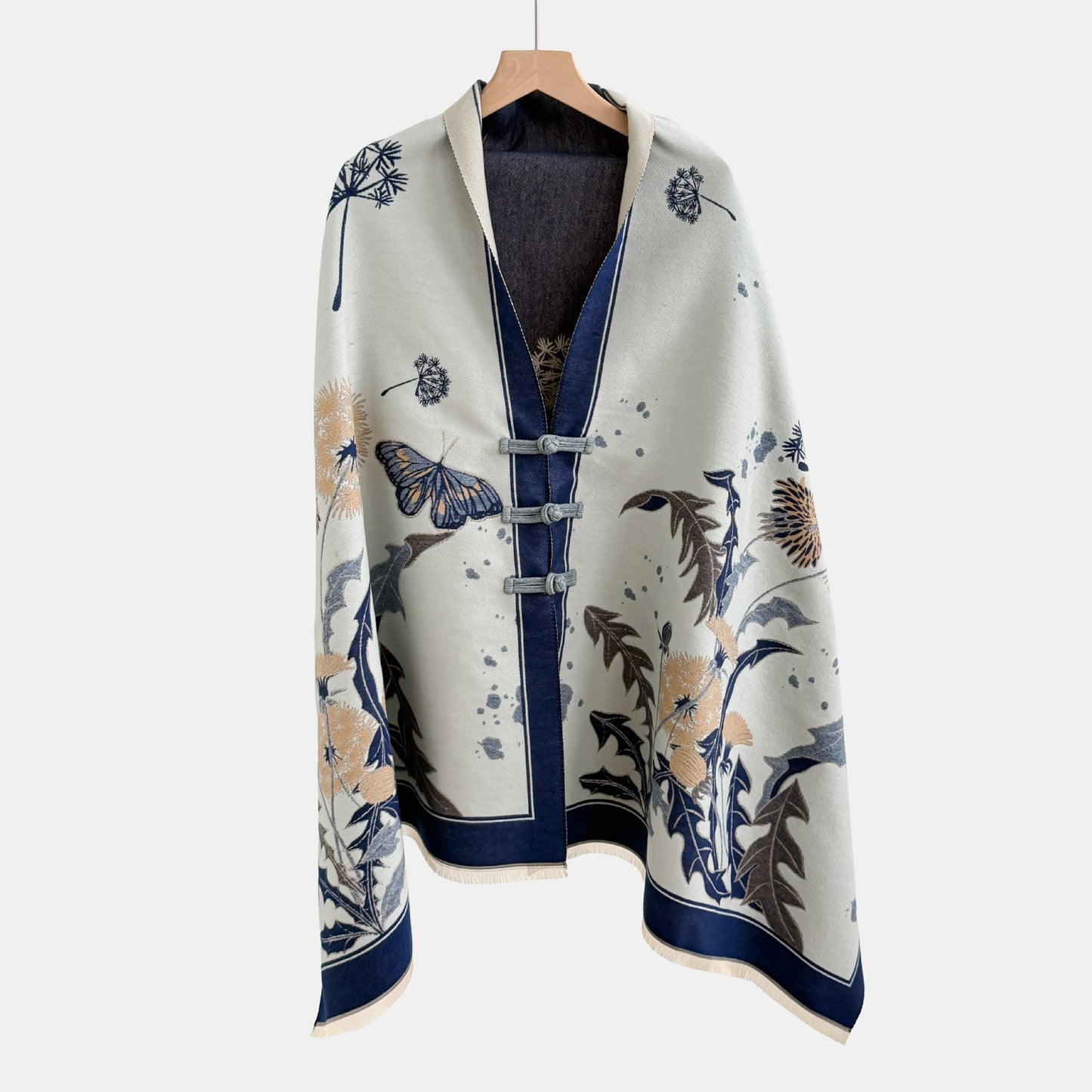 Vintage Knot-button Outerwear Jacquard Shawl