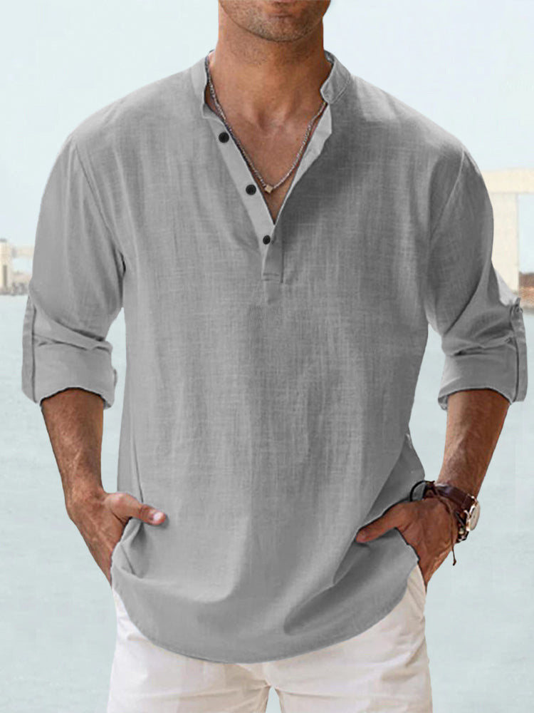 Trade Men's Linen Collar Long-sleeved T-shirt Loose T-shirt Solid Color Long-sleeved Cotton And Linen Shirt For Men