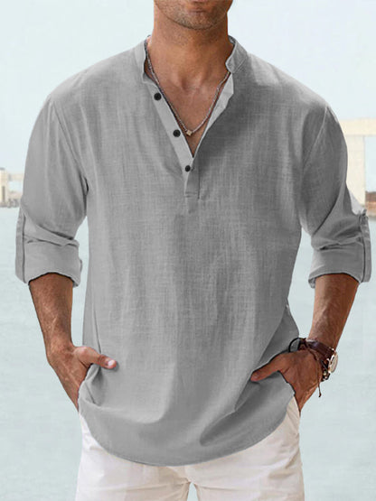 Trade Men's Linen Collar Long-sleeved T-shirt Loose T-shirt Solid Color Long-sleeved Cotton And Linen Shirt For Men