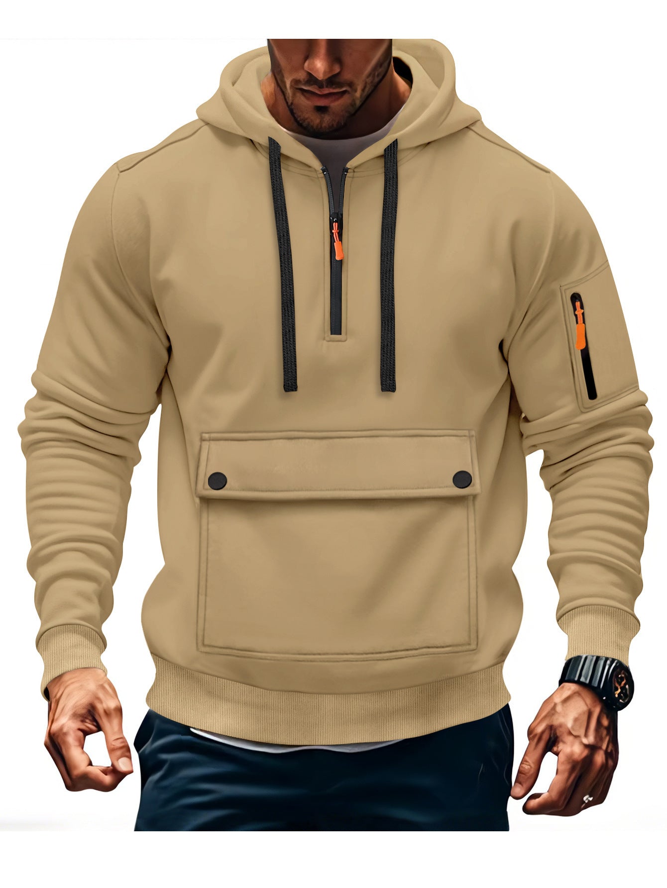 Mens Hooded Sweatshirt Jacket With Zippered Sleeves And Large Pockets