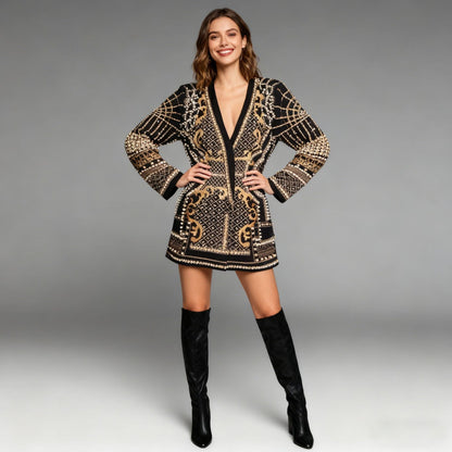 Pearl-bead Printed Petite Blazer For Women