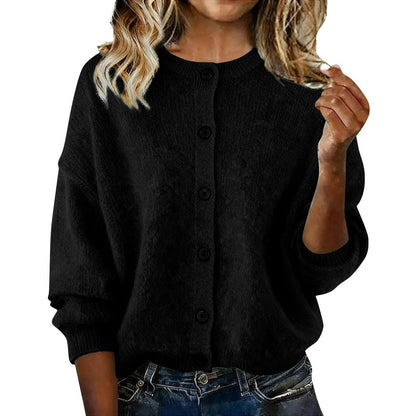 2025 European And American Cross-Border Autumn And Winter Women's Knitted Round Neck Long-Sleeved Pure Color Casual Fashion Knitted Cardigan