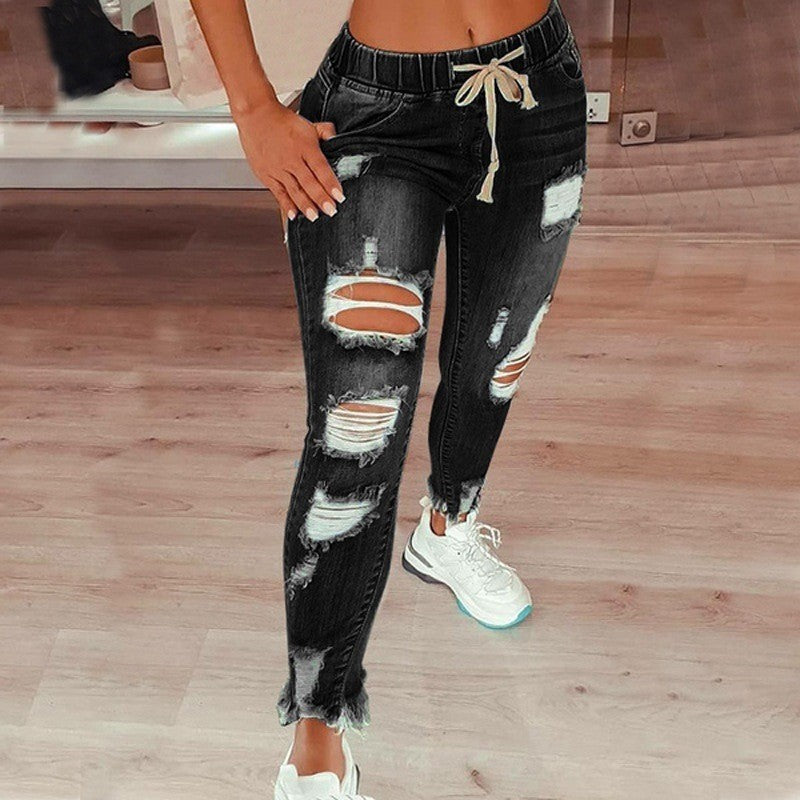 Womens Distressed Ripped Long Denim Pants High Rise Elastic Waist Drawstring Jeans