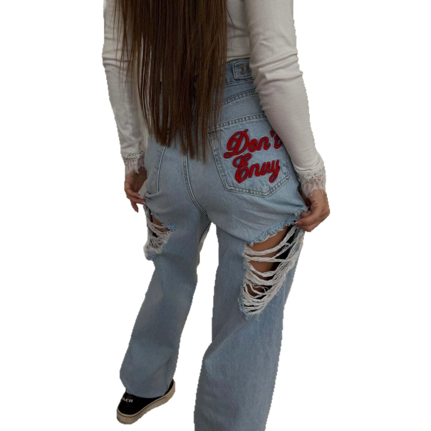 Women's Straight-leg Washed Embroidered Ripped Jeans