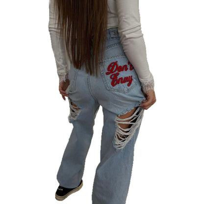 Women's Straight-leg Washed Embroidered Ripped Jeans