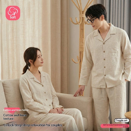 Simple Solid-color Cotton-linen Pajama Set For Couples Spring And Autumn Collection