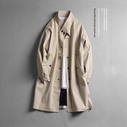 Mens Stand-Neck Single-Breasted Trench Coat Loose-Fit Casual Lapel Jacket