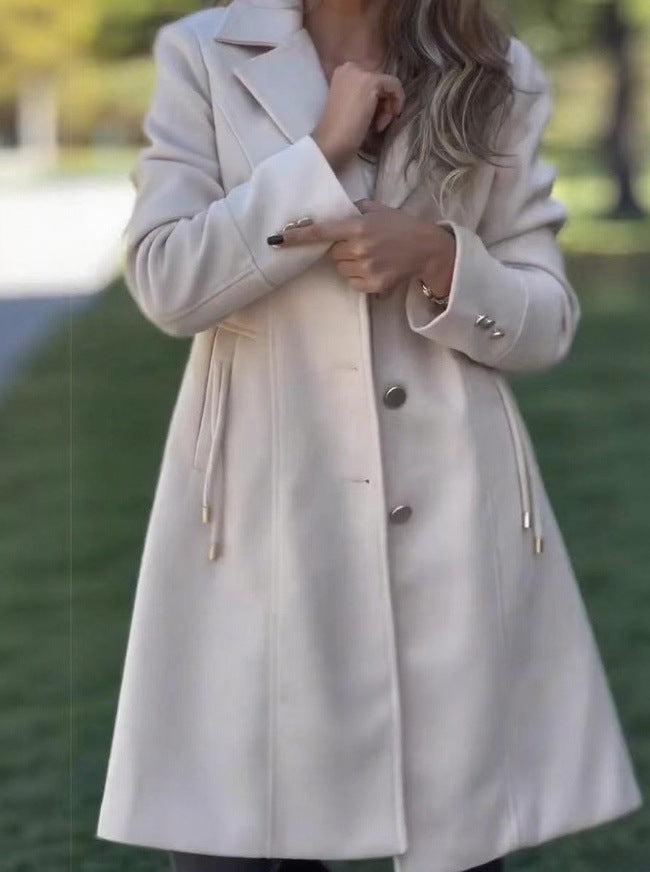 Womens Fashion Solid-color Mid-length Wool Coat With Drawstring And Pockets