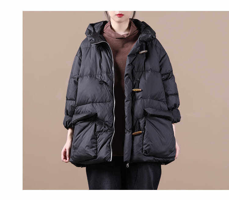Plus-size Womens Retro Horn-button Hooded Down Coat