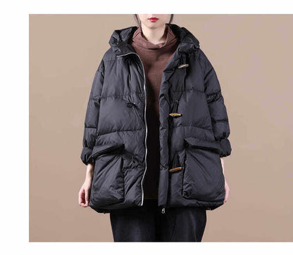 Plus-size Womens Retro Horn-button Hooded Down Coat