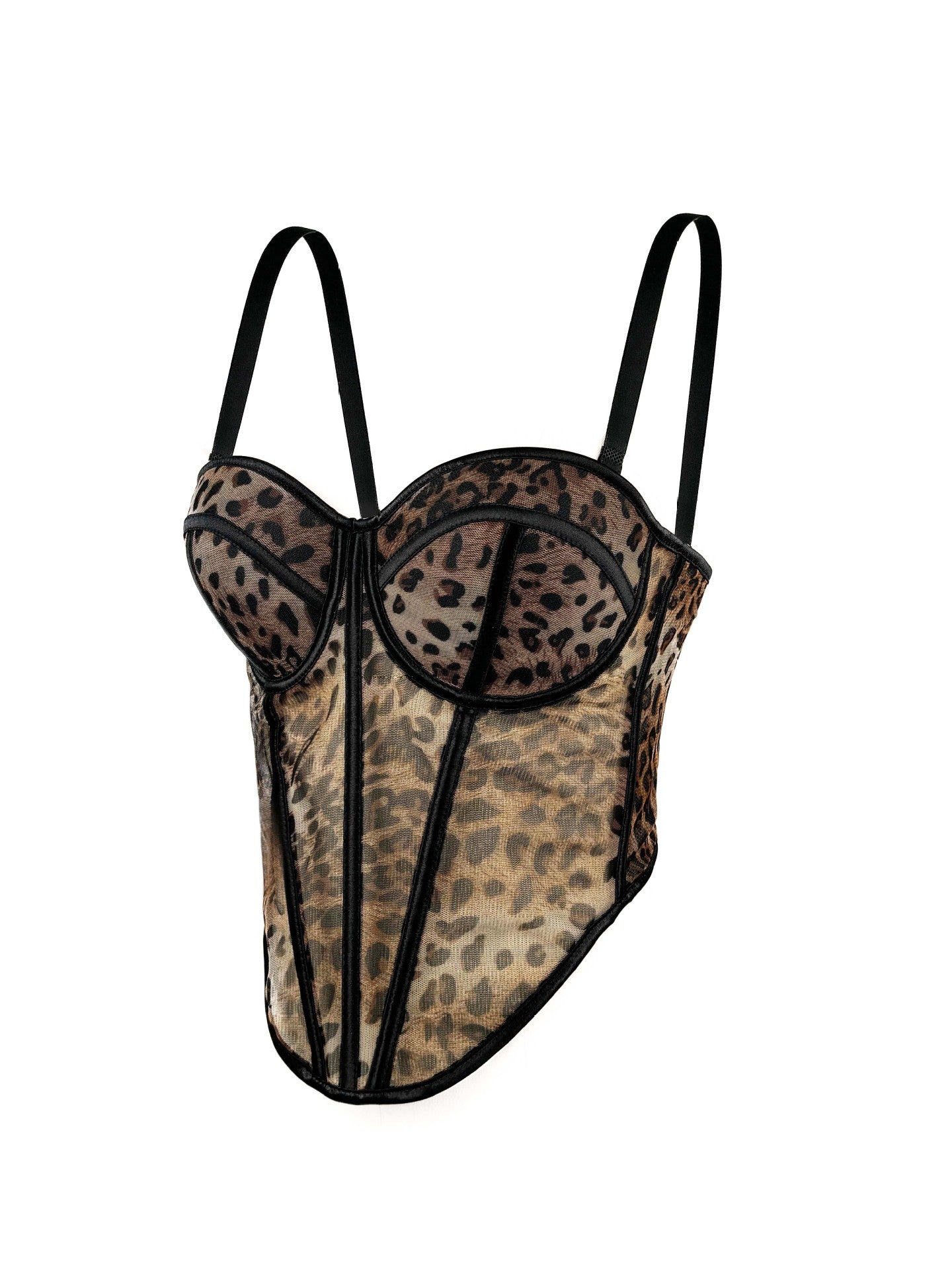 Sexy Leopard Dot Pattern Stitching Bra Sling High-end Sense Inner Mesh Lace Perspective Outer Wear Fishbone Bra
