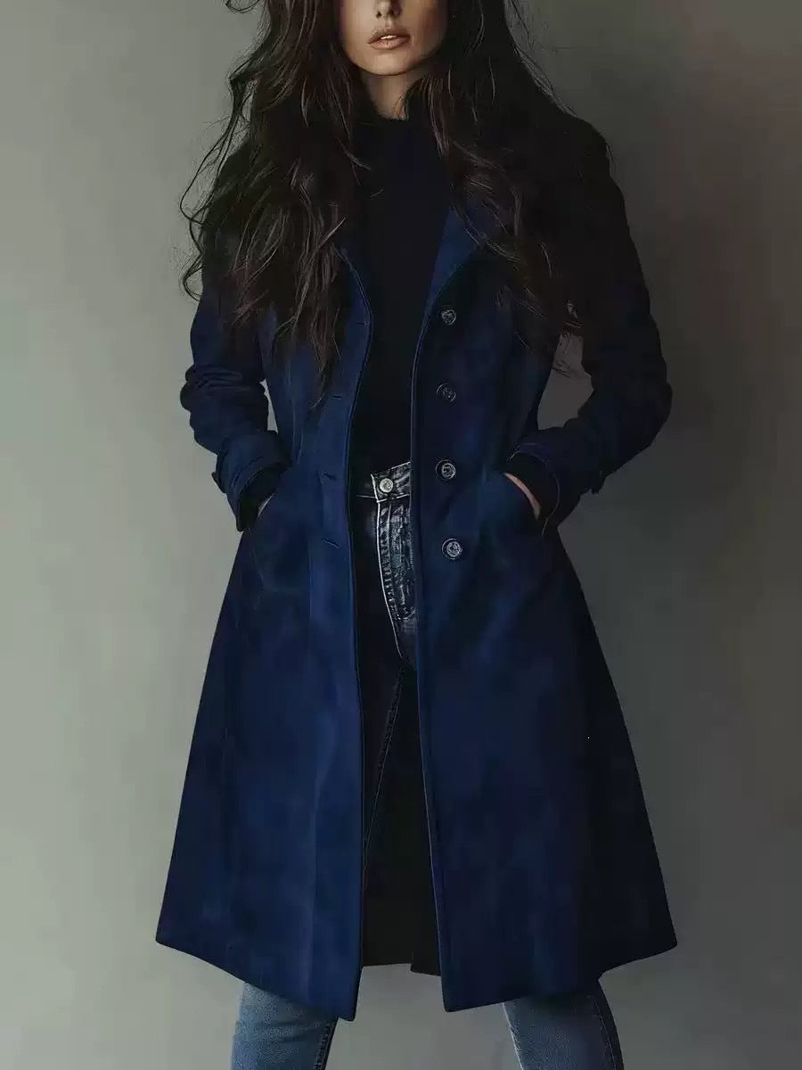High Quality European American Style Women's Fall Winter Lapel Suede Mid-Length Trench Coat