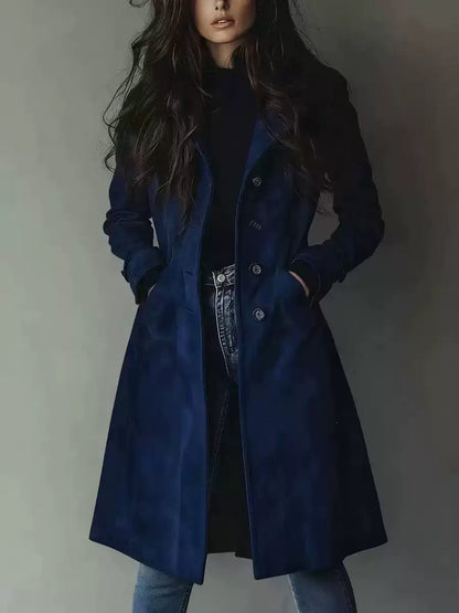 High Quality European American Style Women's Fall Winter Lapel Suede Mid-Length Trench Coat