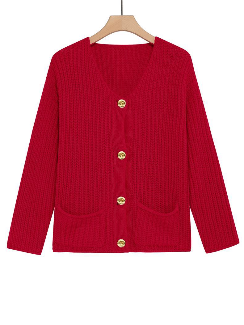 New Arrival For Autumn&Winter Vintage Gold Button Thick Ribbed Knit Red Cardigan With Pockets