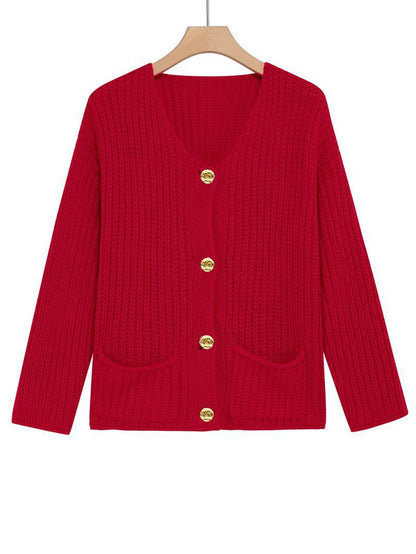 New Arrival For Autumn&Winter Vintage Gold Button Thick Ribbed Knit Red Cardigan With Pockets