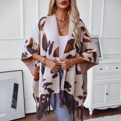 Drizzle-Color Leopard-Print Knitted Tassel CapeShoulder Wrap For Women