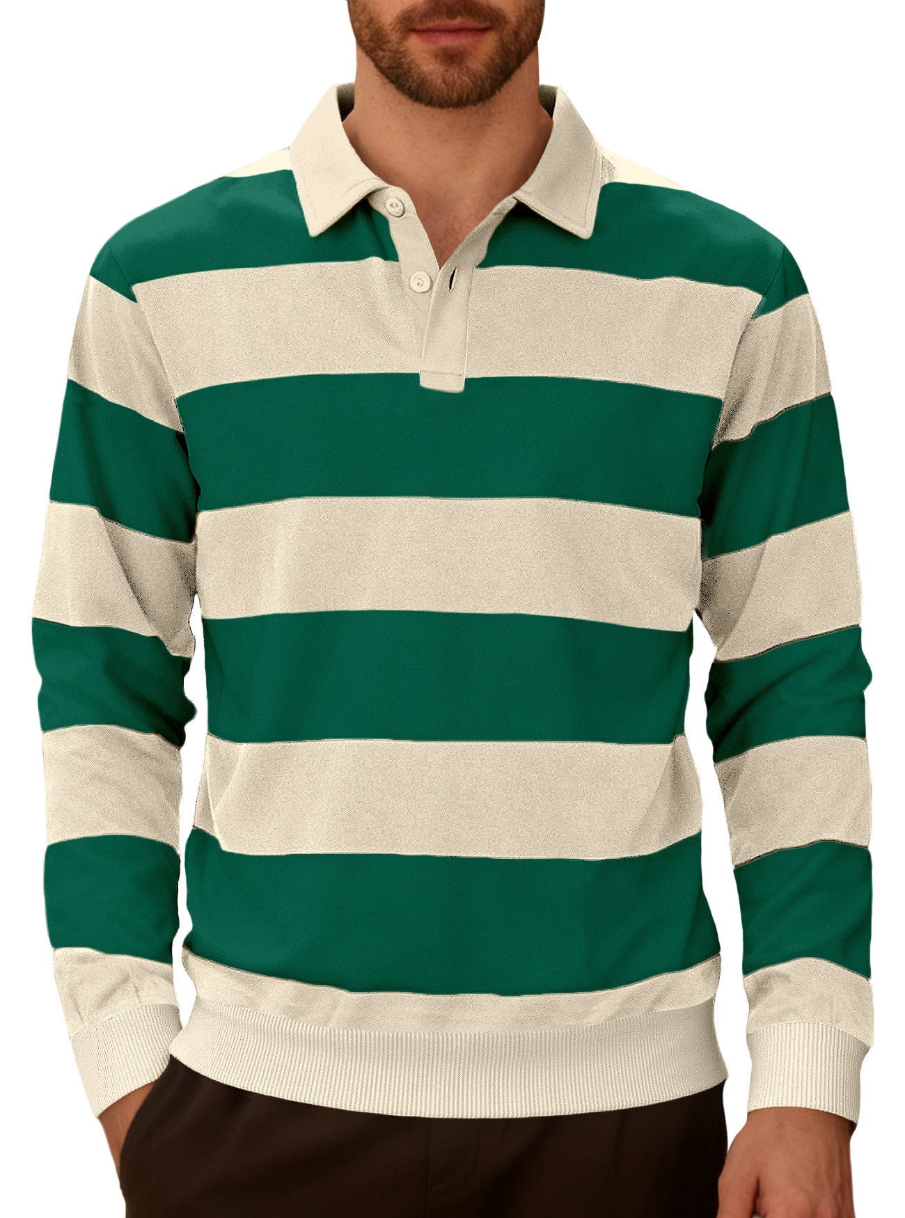 Men's Striped Color-Blocked Button Long-Sleeve Knit Shirt, Casual Sporty Trendy Business Polo Shirt
