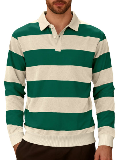 Men's Striped Color-Blocked Button Long-Sleeve Knit Shirt, Casual Sporty Trendy Business Polo Shirt