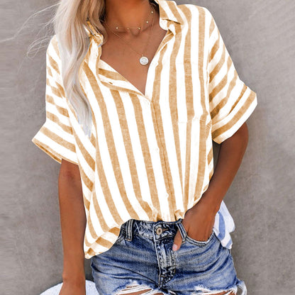 Striped Short Sleeve Lapel Casual Button Pocket Cardigan Short Sleeve Shirt