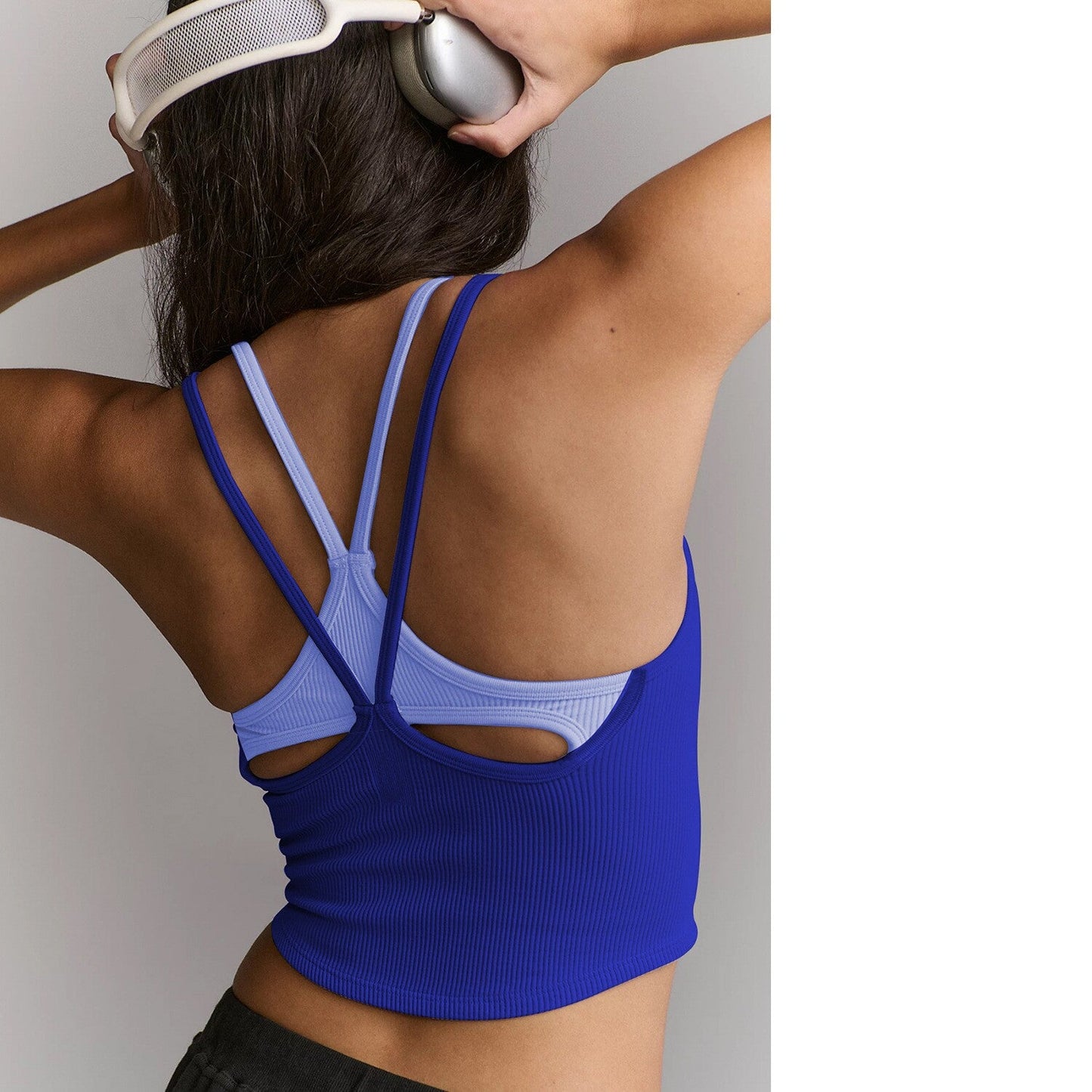 Women's Sleeveless Fashionable Unique Sports Casual Thin Strap Hollow Back Crop Backless Tank Top With Built-in Bra Pads
