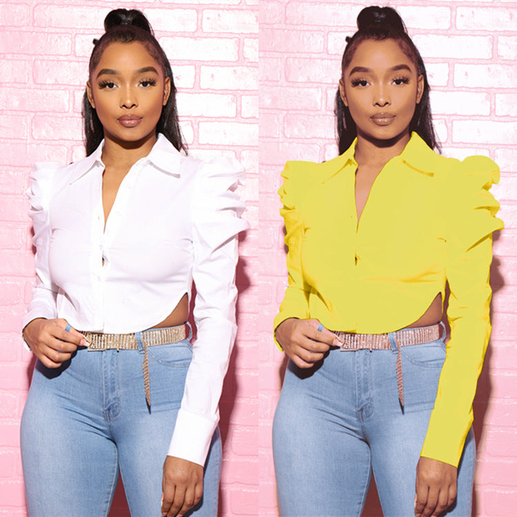 Womens Fashion Cropped Lapel-collar Long-sleeve Slit Blouse