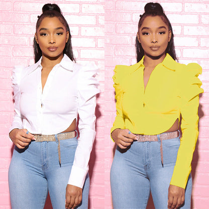 Womens Fashion Cropped Lapel-collar Long-sleeve Slit Blouse