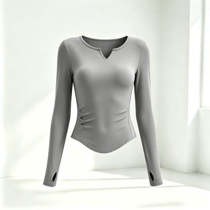 Small V-neck Pleated-waist Long-sleeve Womens Top