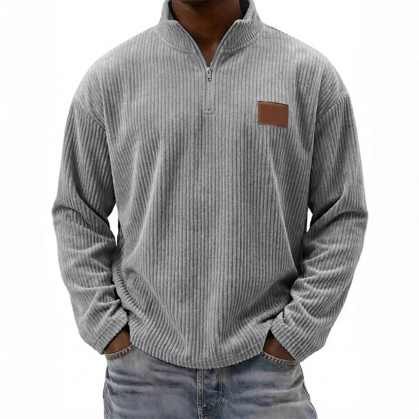 Mens Retro Corduroy Fashion Embroidered Pullover With A Stand-up Collar