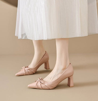 Pointed Toe Patent Leather French Bow High Heels For Women, New Spring Elegant Commuter Block Heel Shallow Mouth Fashion Pumps