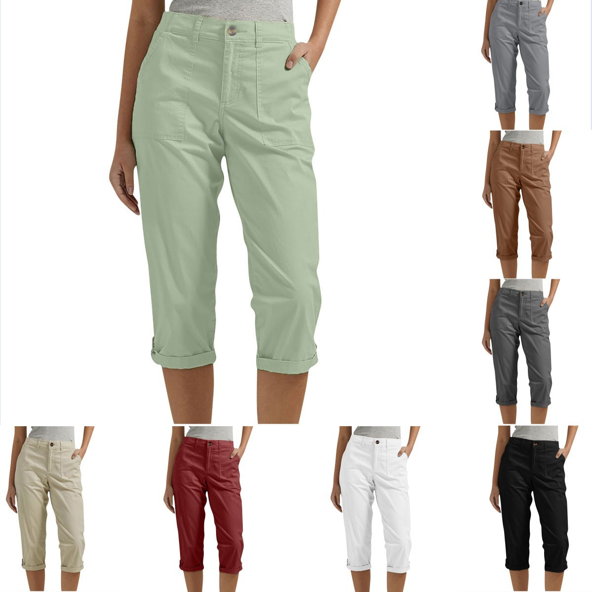 Womens Solid-color Buttoned Roll-up Capri Pants