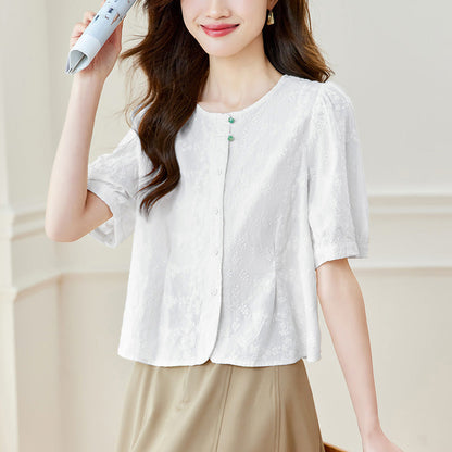 Round-neck Embroidered Shirt Womens Short-sleeve Top