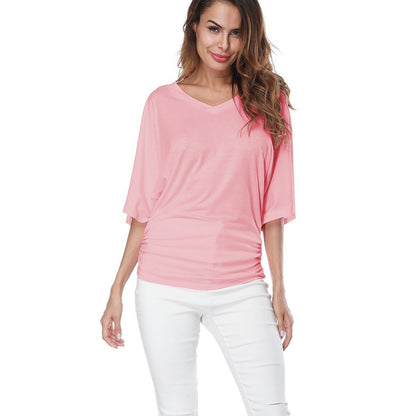 Plus-size Loose-fit Batwing-sleeve V-neck Short-sleeve T-shirt Top