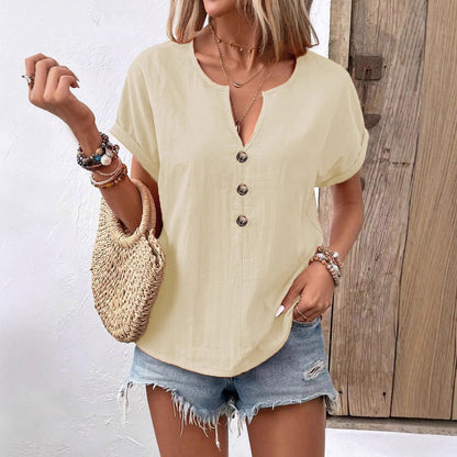 2026 Summer New European And American Women's Button V-neck Short Sleeved T-shirt Top For Women