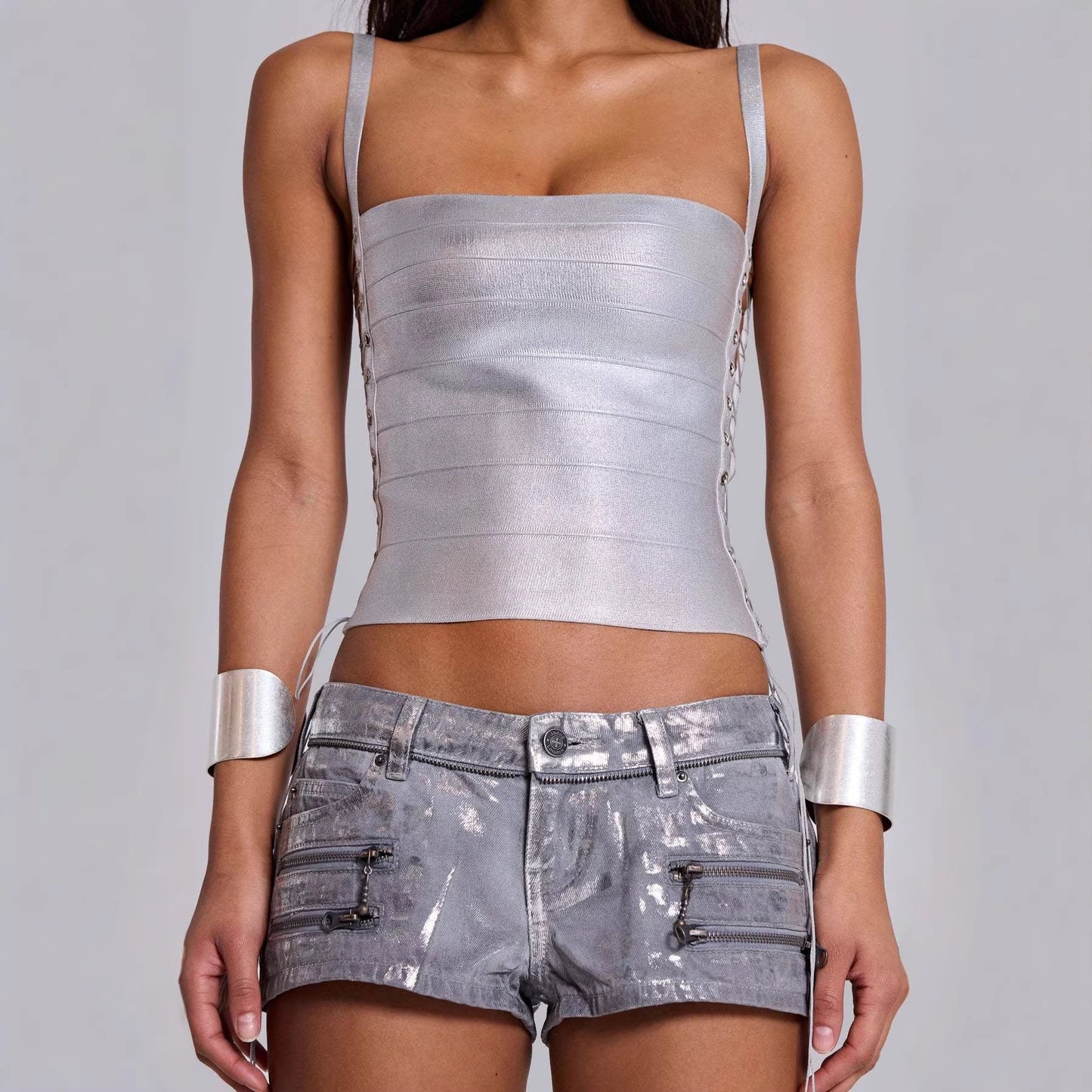 Fashionable New-style Sexy Streetwear Solid-color Zip-up Camisole