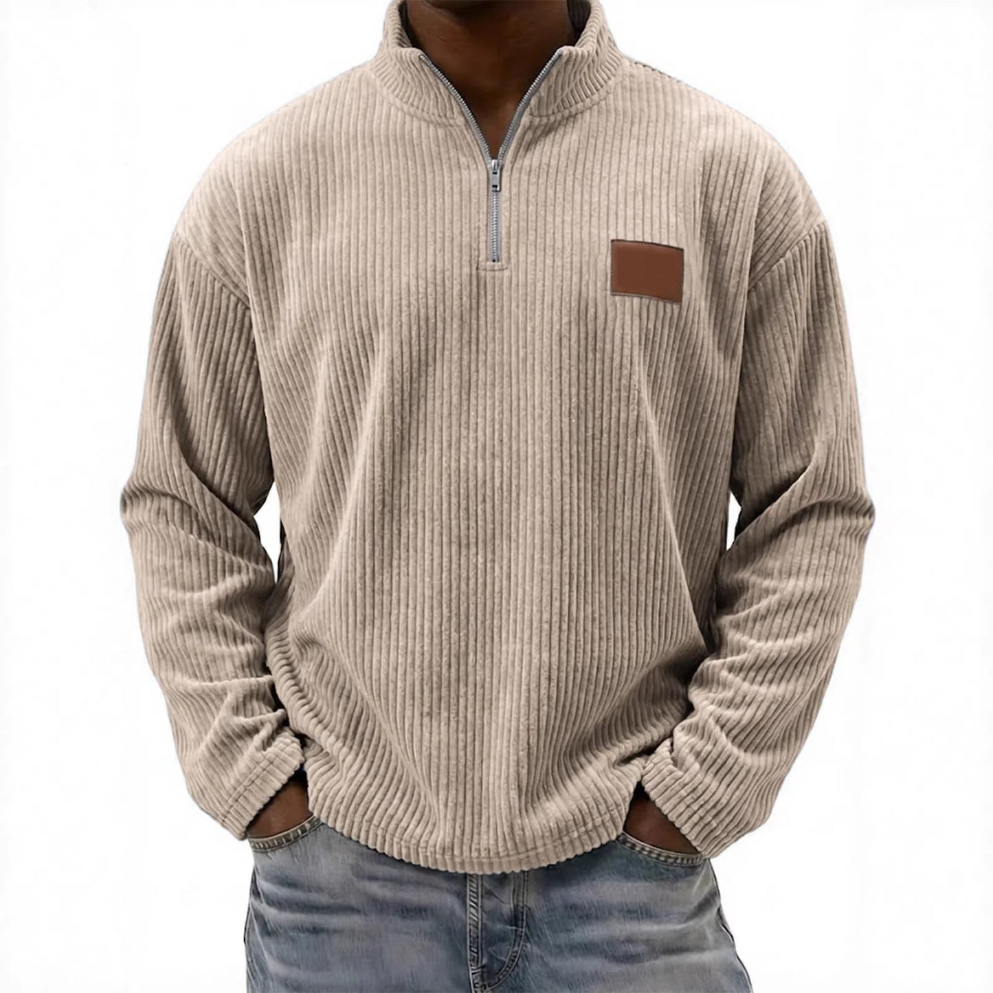 Mens Retro Corduroy Fashion Embroidered Pullover With A Stand-up Collar