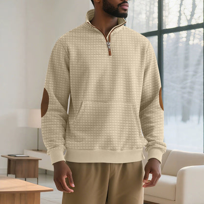 Cross-border Amazon Men's Autumn & Winter Half-Zip Suede Jacquard Small Check Long-Sleeve Stand Collar Casual Sweatshirt