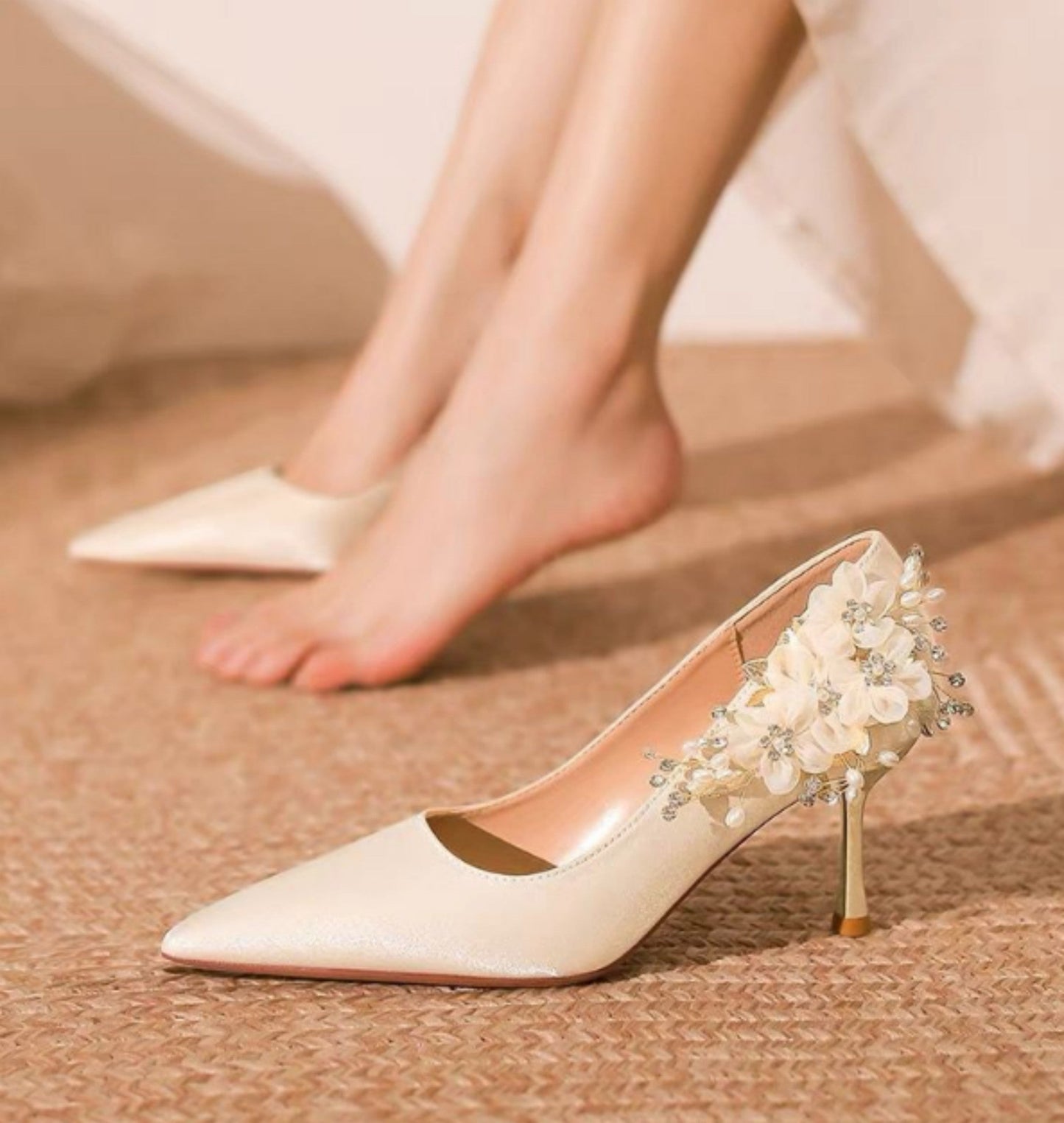 New French Style Women Shoes, Rhinestone Floral Pointed Toe Stiletto Heels, Slip On Bridal Wedding Pumps