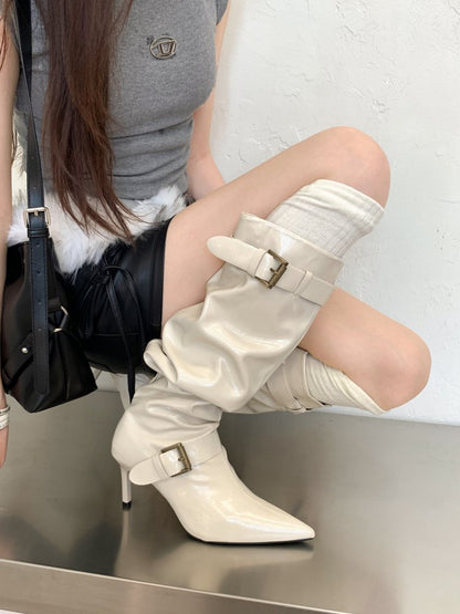 Women's Vintage Pointed Toe Elegant Ruched Slouch Boots, Slimming High Heel Knight Boots, Belt Buckle Slim Tall Boots