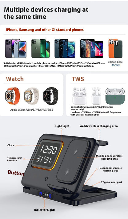 15W Wireless Chargers Stand 5 In1 LED Digital Alarm Clock Fast Charging Dock Station