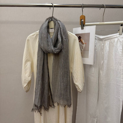 Striped Pleated Cotton-Linen Scarf