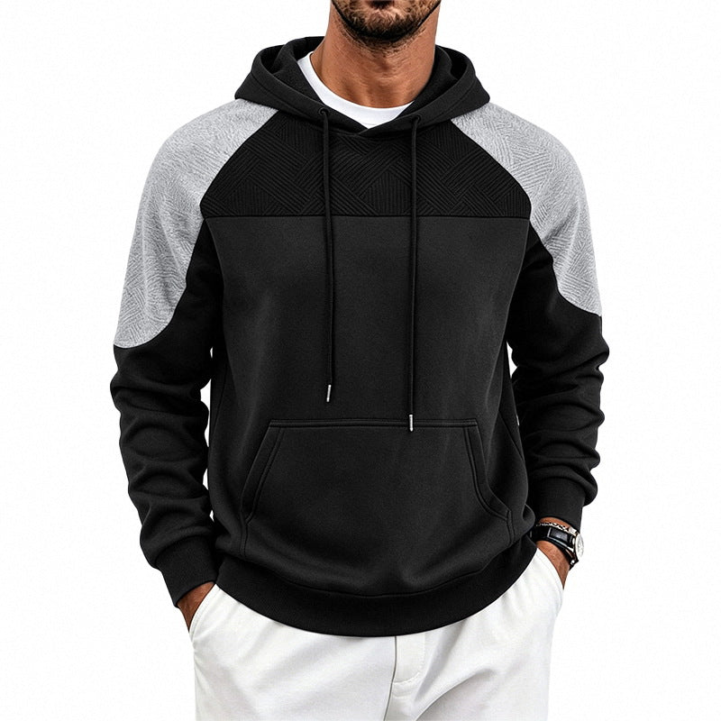 Fleece-lined Mens Patchwork Color-block Textured Loose-fit Hooded Jacket