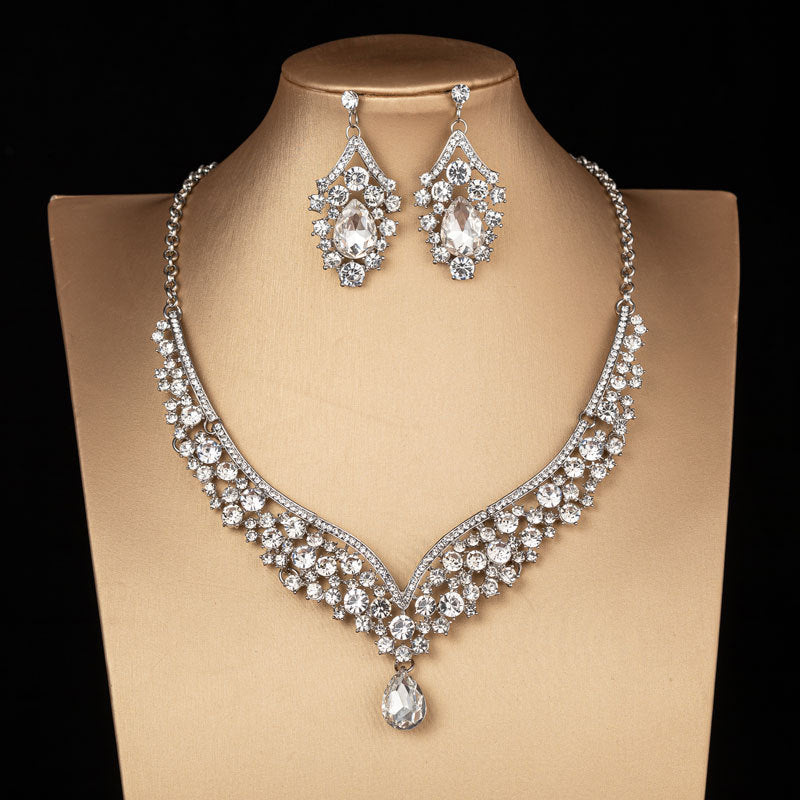 Elegant Bridal Alloy Diamond Crown Set with Exquisite Earrings and Necklace in 5 Colors