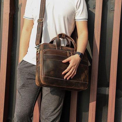 Retro Crazy Horse Leather Multi-Functional Shoulder Briefcase