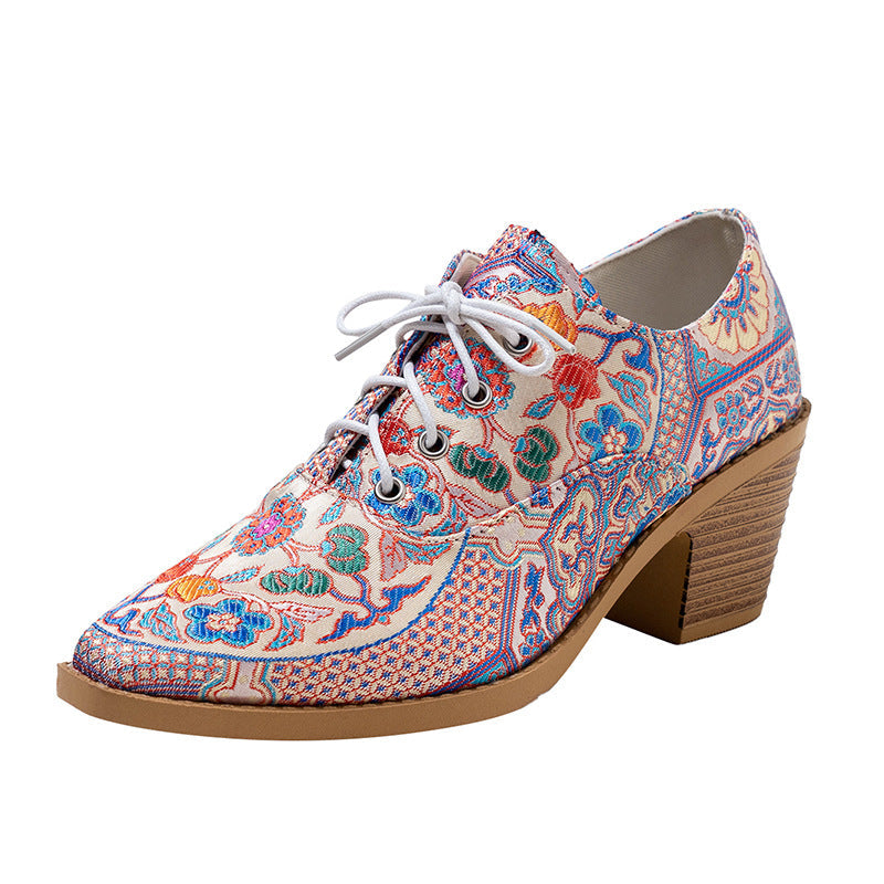 Pointed-toe Printed High-heeled Pumps With Laces For Women