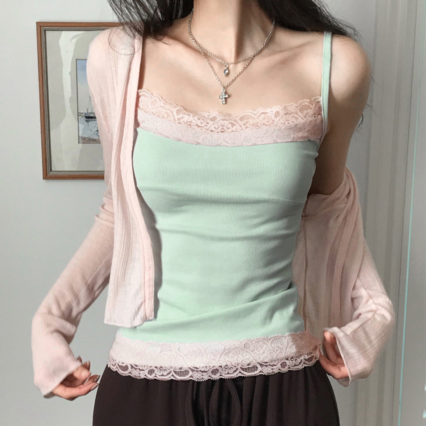 2026 Summer Women's Y2K Hot Girl Pure Desire Lace Trim Color-Block Slim Fit Versatile Tank Top