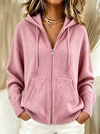 Women Zip Up Hooded Knit Cardigan, Solid Color Long Sleeve Loose Sweater Jacket With Pockets, Fall Winter Casual Outerwear